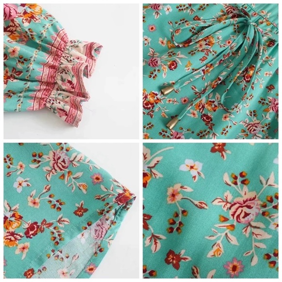 Turquoise Floral Bohemian Gypsy Button Blouse - Picture 7 of 7